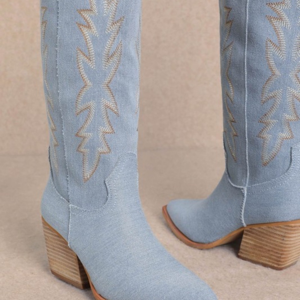 Light Blue Denim Western Boots with Embroidered Design
